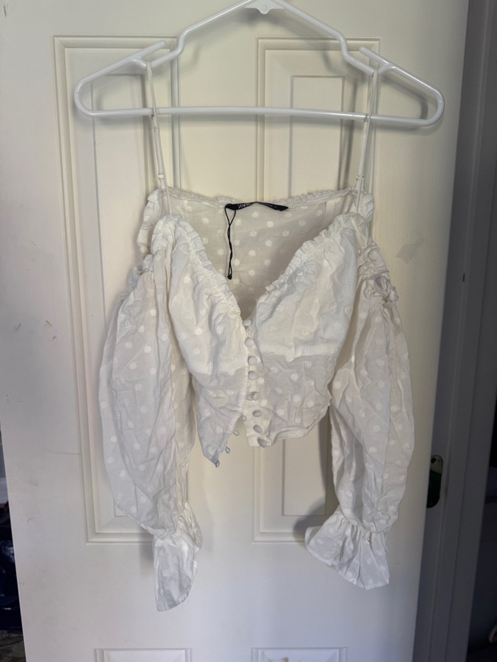 Zara White Off-Shoulder Puff Sleeve Button Front Top
